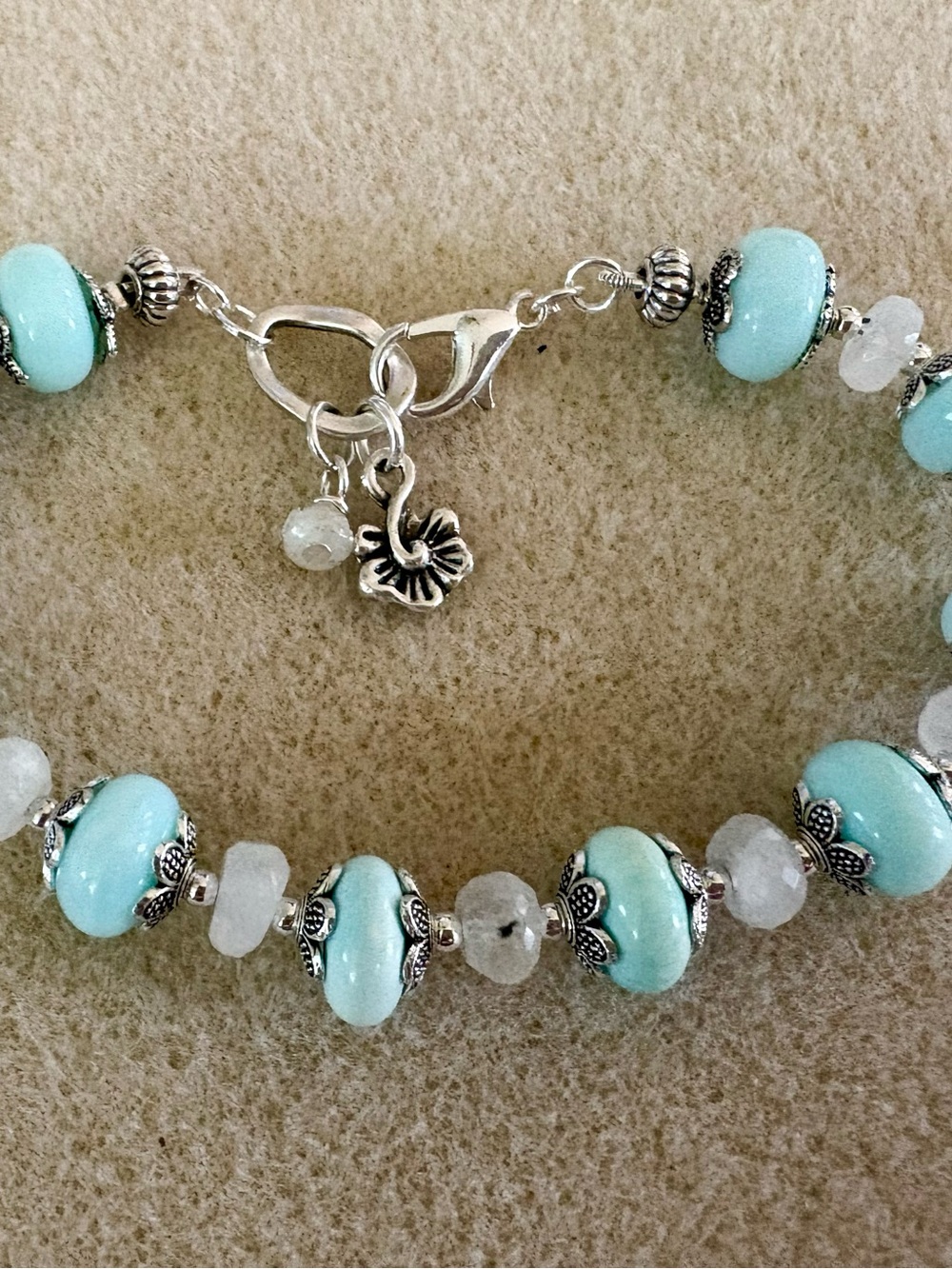 Sterling Silver Floral Aqua Peruvian Opal and Moonstone Bracelet